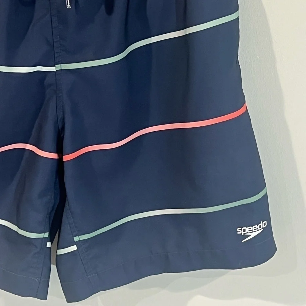 Men’s Small Speedo Lined Navy Stripe Swim Trunks